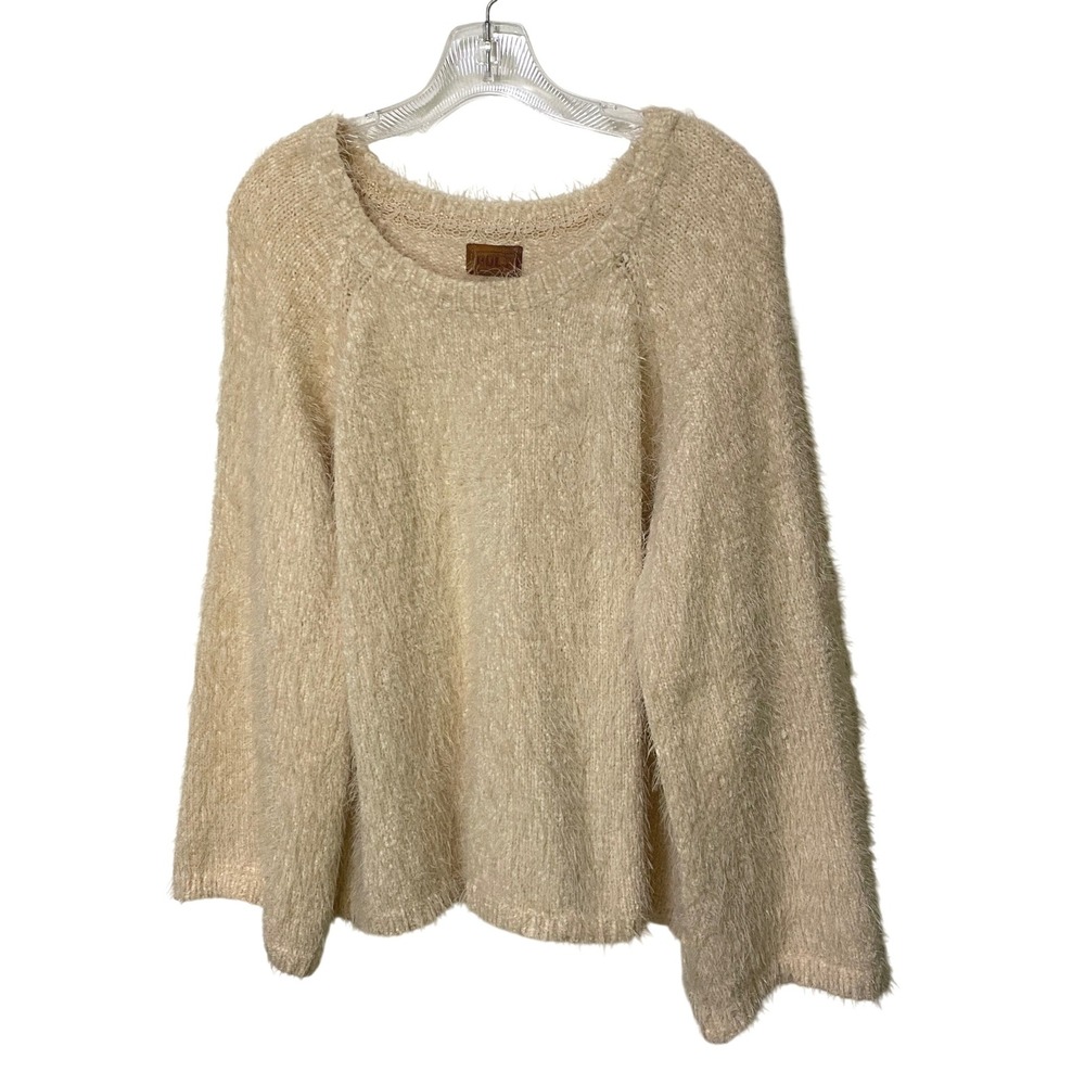 POL Fuzzy Eyelash Knit Sweater L Cream Soft Feminine Romantic Wide‎ Sleeves